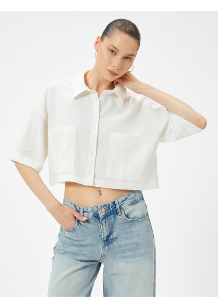 Crop Keten Gömlek Dirsek Boy Kısa Kollu Cepli Rahat Kalıp modelleri