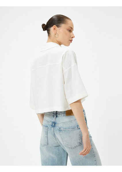 Crop Keten Gömlek Dirsek Boy Kısa Kollu Cepli Rahat Kalıp fırsatları