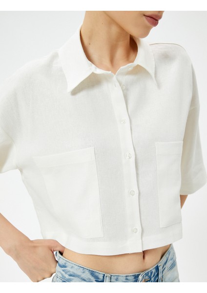 Crop Keten Gömlek Dirsek Boy Kısa Kollu Cepli Rahat Kalıp indirimleri