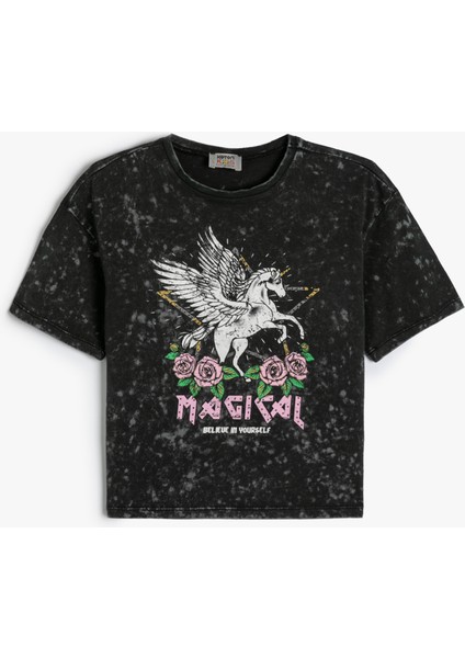 Tişört Unicorn Baskılı Kısa Kollu Bisiklet Yaka Pamuklu