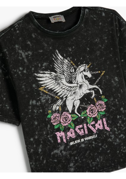 Tişört Unicorn Baskılı Kısa Kollu Bisiklet Yaka Pamuklu
