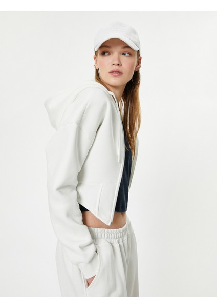 Crop Kapşonlu Sweatshirt Fermuarlı Asimetrik Kesim Üç Iplik Şardonlu Slim Fit