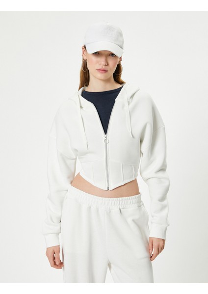 Crop Kapşonlu Sweatshirt Fermuarlı Asimetrik Kesim Üç Iplik Şardonlu Slim Fit
