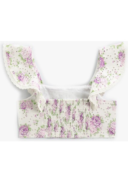 Crop Bluz Fistolu Çiçek Desenli Fırfırlı