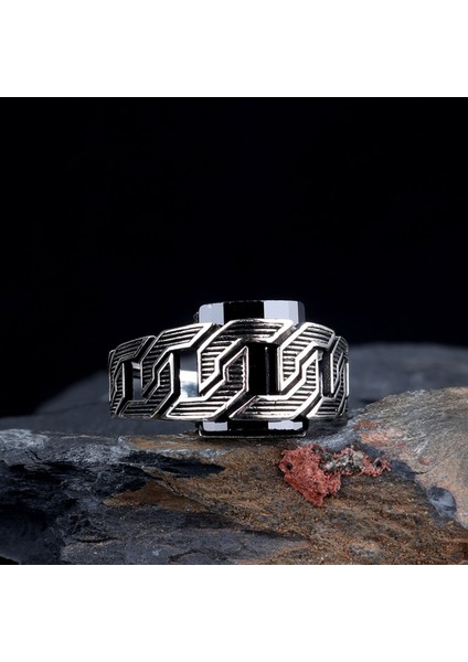 Siyah Zirkon Taşlı Örgü Model Erkek Yüzük