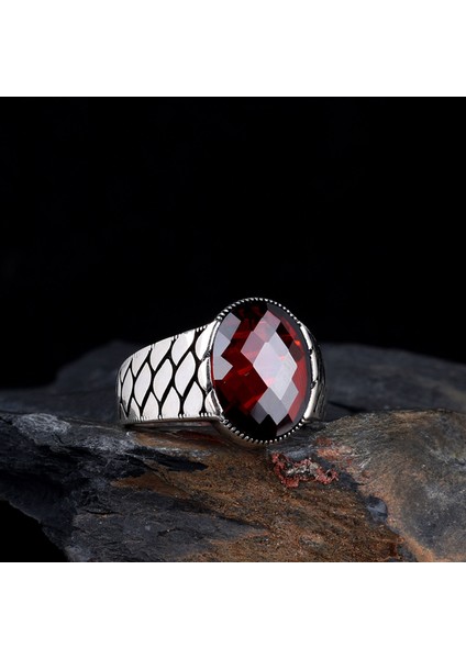 Kırmızı Renk Zirkon Taşlı Petek Model 925 Ayar Gümüş Erkek Yüzük