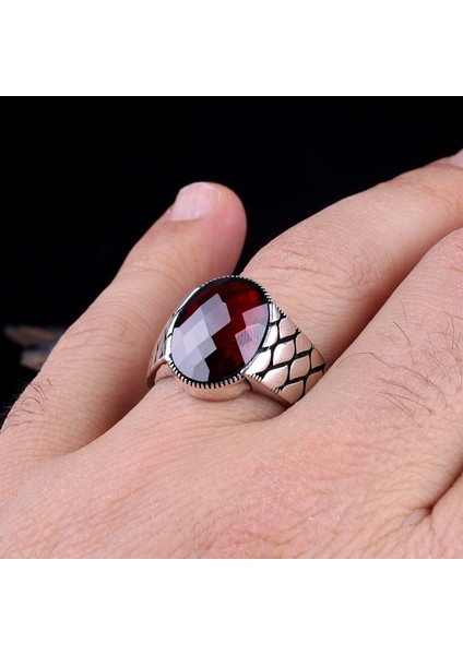 Kırmızı Renk Zirkon Taşlı Petek Model 925 Ayar Gümüş Erkek Yüzük modelleri