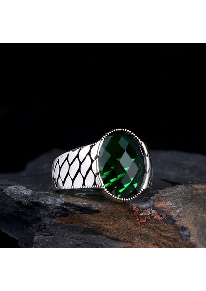 Yeşil Renk Zirkon Taşlı Petek Model 925 Ayar Gümüş Erkek Yüzük