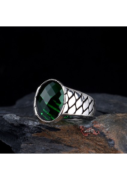 Yeşil Renk Zirkon Taşlı Petek Model 925 Ayar Gümüş Erkek Yüzük fiyatları