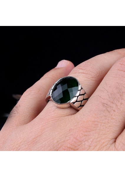 Yeşil Renk Zirkon Taşlı Petek Model 925 Ayar Gümüş Erkek Yüzük modelleri