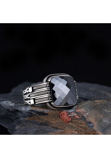 Siyah Renk Zirkon Taşlı Erkek Gümüş Yüzük