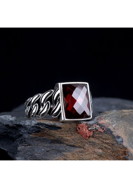 Kırmızı Zirkon Taşlı Örgü Model 925 Ayar Gümüş Erkek Yüzük