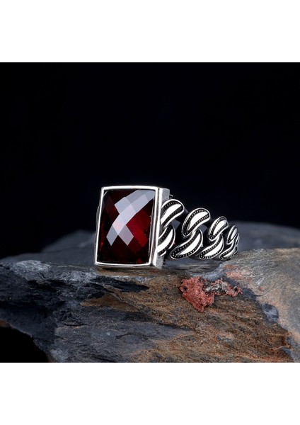 Kırmızı Zirkon Taşlı Örgü Model 925 Ayar Gümüş Erkek Yüzük fiyatları