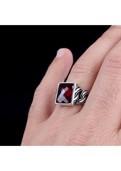 Kırmızı Zirkon Taşlı Örgü Model 925 Ayar Gümüş Erkek Yüzük modelleri