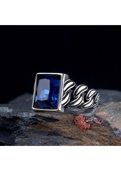 Mavi Zirkon Taşlı Örgü Model 925 Ayar Gümüş Erkek Yüzük fiyatları