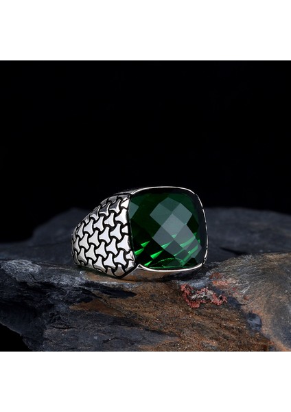 Yeşil Renk Zirkon Taşlı 925 Ayar Gümüş Erkek Yüzük