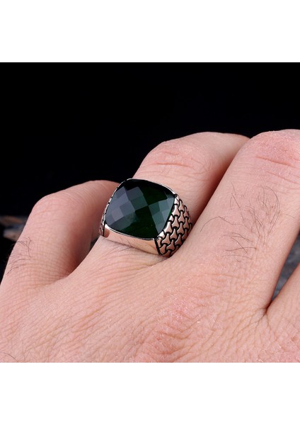 Yeşil Renk Zirkon Taşlı 925 Ayar Gümüş Erkek Yüzük modelleri