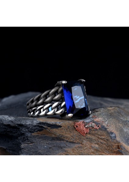 Mavi Renk Zirkon Taşlı Örgü Model Gümüş Erkek Yüzük