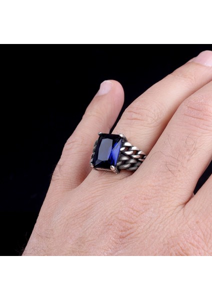 Mavi Renk Zirkon Taşlı Örgü Model Gümüş Erkek Yüzük modelleri