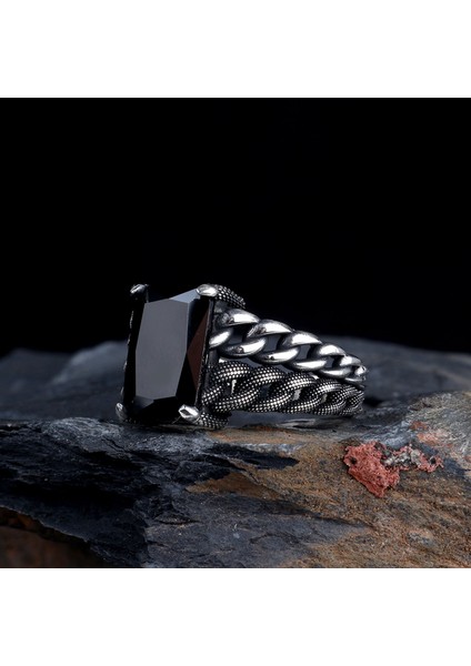 Siyah Renk Zirkon Taşlı Örgü Model Gümüş Erkek Yüzük fiyatları