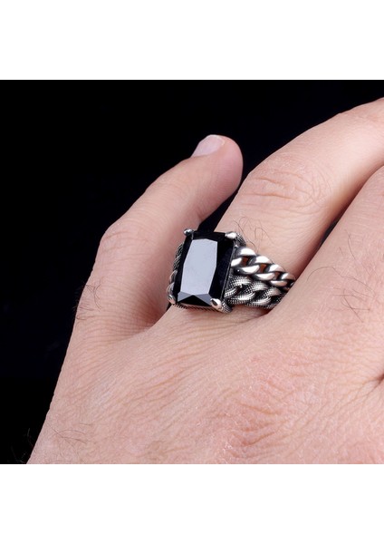 Siyah Renk Zirkon Taşlı Örgü Model Gümüş Erkek Yüzük modelleri