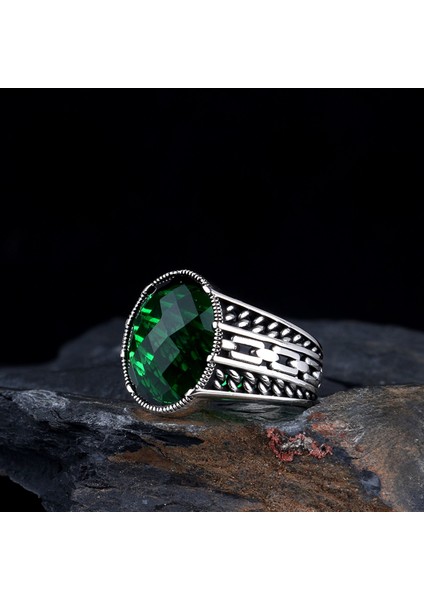 Yeşil Renk Zirkon Taşlı 925 Ayar Gümüş Erkek Yüzük fiyatları