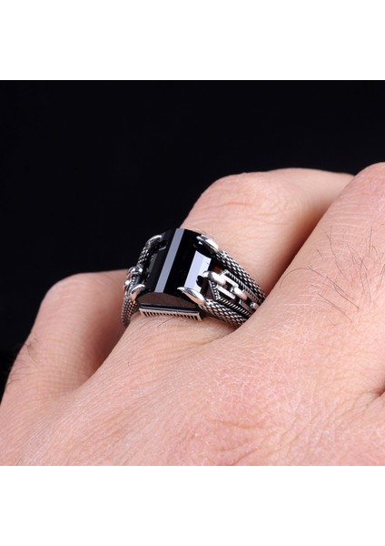 Siyah Renk Zirkon Taşlı Zincir Model Gümüş Yüzük modelleri