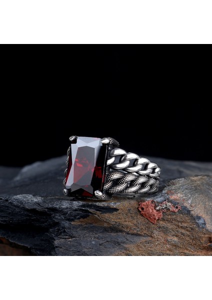 Kırmızı Renk Zirkon Taşlı Örgü Model Gümüş Erkek Yüzük fiyatları