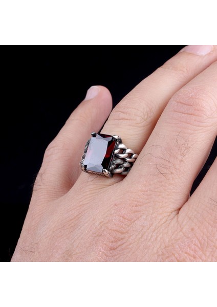 Kırmızı Renk Zirkon Taşlı Örgü Model Gümüş Erkek Yüzük modelleri