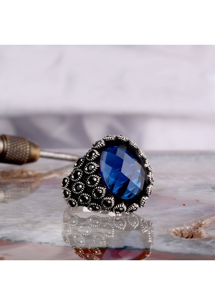 Mavi Renk Zirkon Taşlı Model 925 Ayar Gümüş Erkek Yüzük