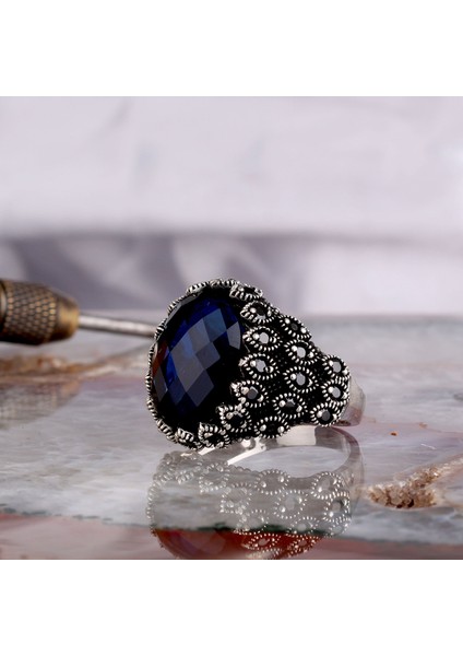 Mavi Renk Zirkon Taşlı Model 925 Ayar Gümüş Erkek Yüzük fiyatları