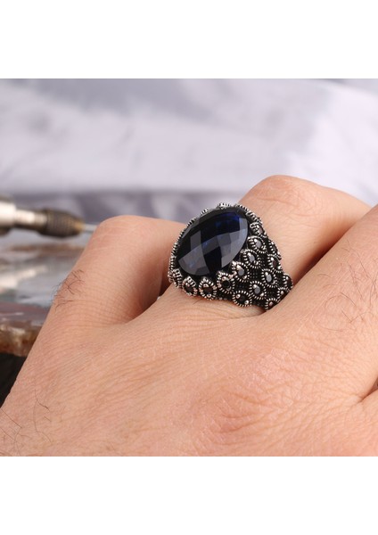 Mavi Renk Zirkon Taşlı Model 925 Ayar Gümüş Erkek Yüzük modelleri