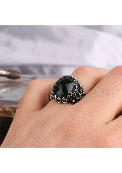 Yeşil Renk Zirkon Taşlı Model 925 Ayar Gümüş Erkek Yüzük modelleri