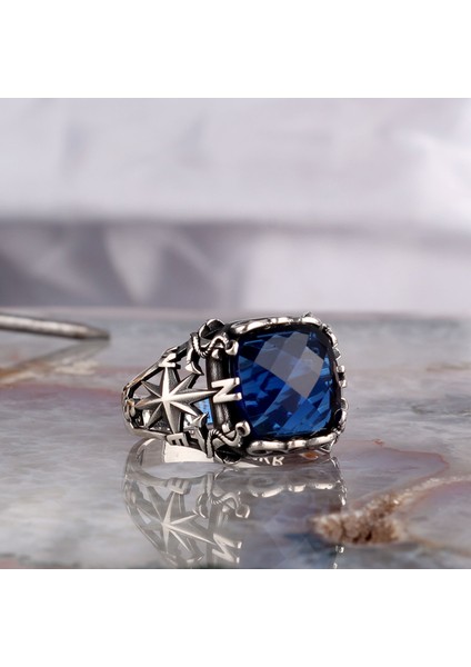 Zirkon Taşlı Pusula Model 925 Ayar Gümüş Erkek Yüzük