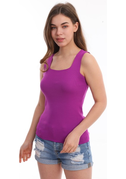 Kadın Mürdüm Rengi Kare Yaka Askılı Triko Bluz Atlet modelleri