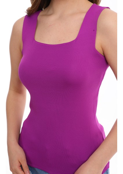 Kadın Mürdüm Rengi Kare Yaka Askılı Triko Bluz Atlet fırsatları