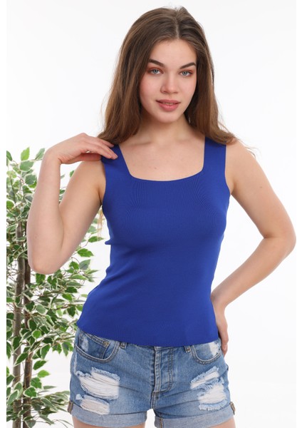 Kadın Sax Mavi Kolsuz Bluz Kalın Askılı Atlet Ince Yazlık Kare Yaka Triko
