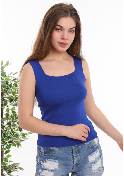 Kadın Sax Mavi Kolsuz Bluz Kalın Askılı Atlet Ince Yazlık Kare Yaka Triko modelleri