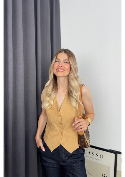 Hardal Astarlı Düğmeli Keten Yelek