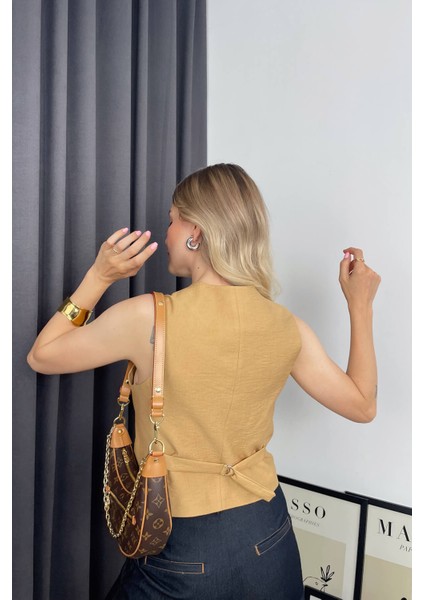 Hardal Astarlı Düğmeli Keten Yelek fiyatları