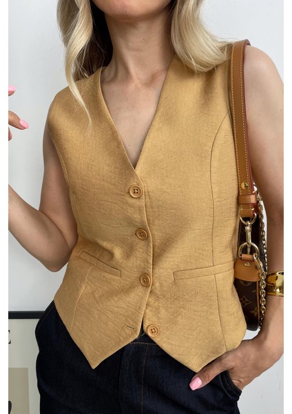 Hardal Astarlı Düğmeli Keten Yelek modelleri