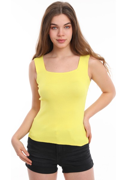 Kadın Sarı Kolsuz Bluz Kalın Askılı Atlet Ince Yazlık Kare Yaka Triko