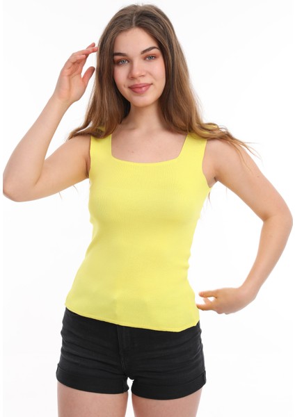 Kadın Sarı Kolsuz Bluz Kalın Askılı Atlet Ince Yazlık Kare Yaka Triko fiyatları