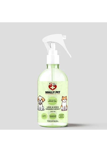 Mally Pet Professionel Pet Care Evcil Hayvanlar Için Koku ve Leke Giderici Sprey Tropikal Kokulu 250 ml