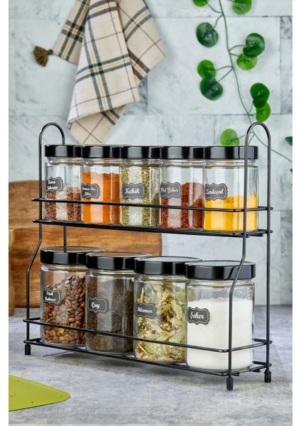 Etiketli Metal Standlı 9'lu Baharatlık Seti Cam Kavanoz Takımı (5 x 350 ml - 4 x 700 Ml)