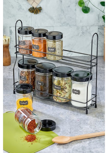 Etiketli Metal Standlı 9'lu Baharatlık Seti Cam Kavanoz Takımı (5 x 350 ml - 4 x 700 Ml) fiyatları