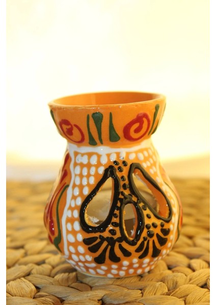 Buhardanlık Seramik El Işi Çini Motifli Buhurdanlık Mini Oranj Siyah