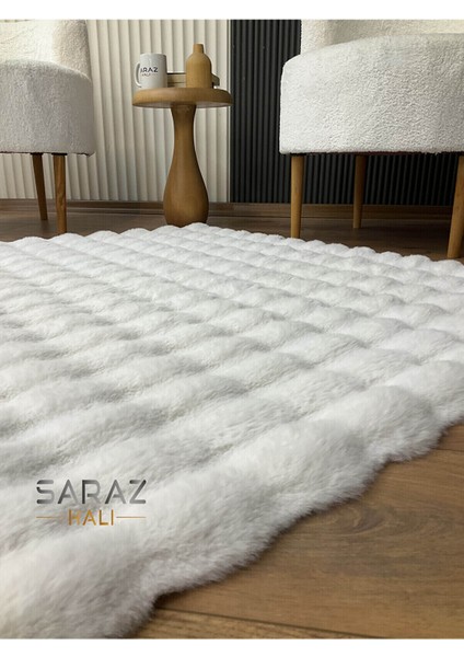 Saraz Halı Macro Home Beyaz Tavşan Post  Yumuşak Tavşan Tüyü Kaymaz Yıkanabilir Bubble Salon Halısı Yolluk