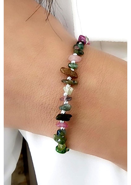 Dogal Turmalin Taslı 925 Ayar Gümüş Dorika Detaylı Doğal Taş Bıleklı