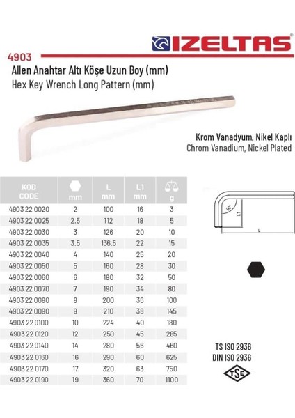 10MM L Uzun Allen Anahtar L Uzun Alyan 4903 22 0100 fiyatları